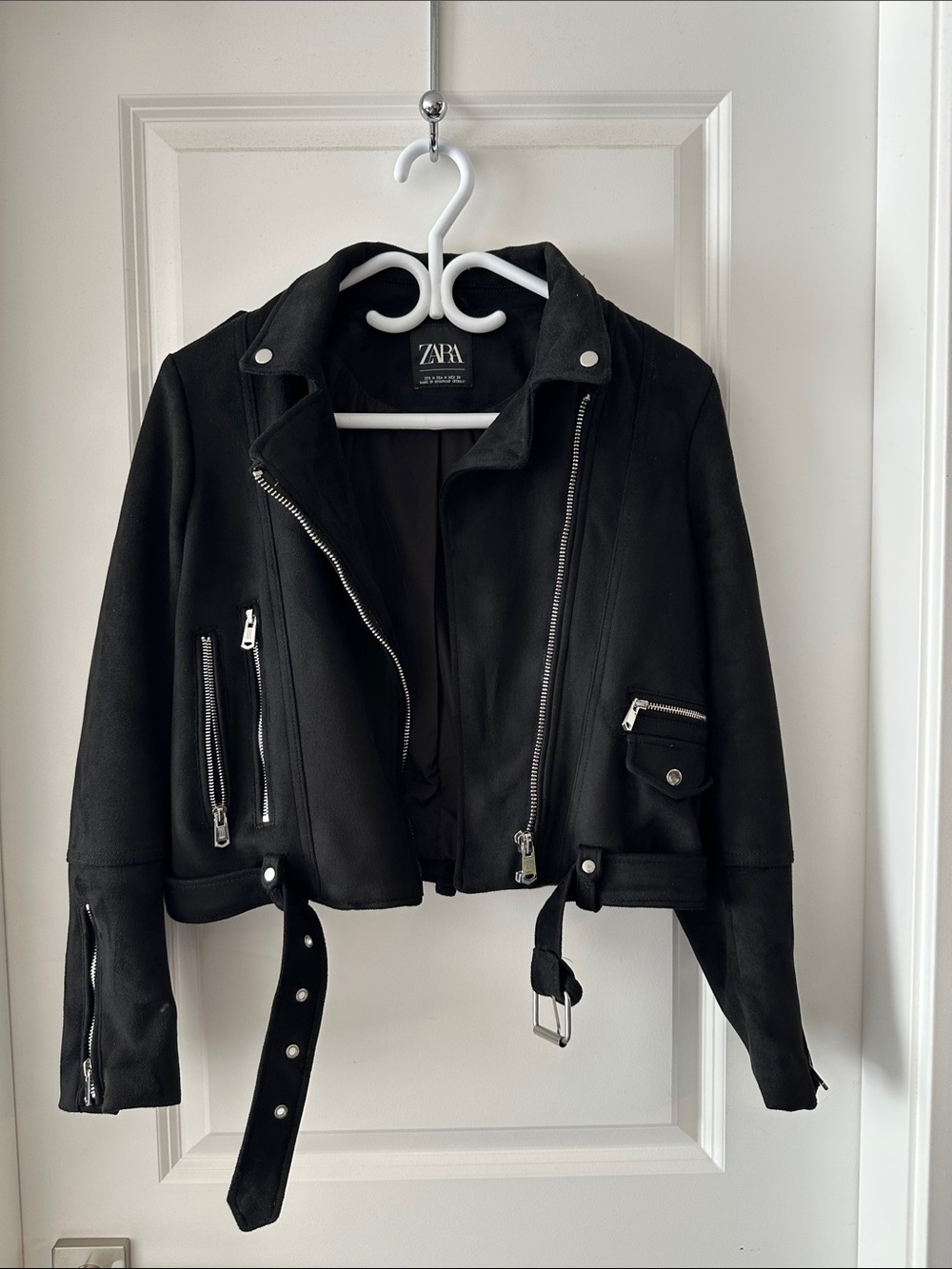 Zara Black Faux Suede Moto Jacket with Belted Hem